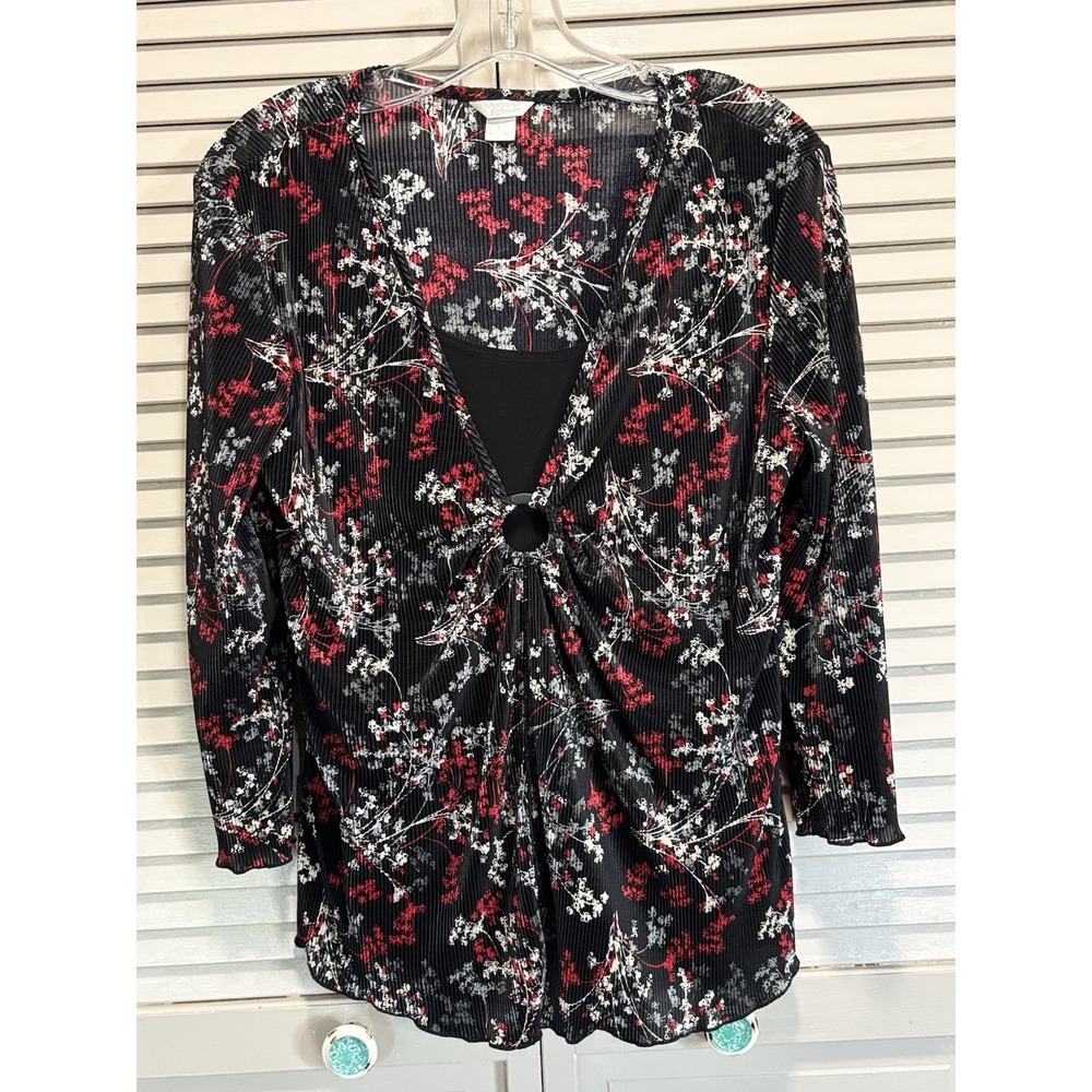 Christopher & Banks Floral Crinkle Blk/Red Blouse Size‎ Large 3/4 Sleeve Flowy